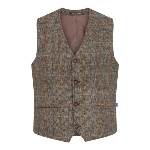 WALKER AND HAWKES Herren Country-Weste - Klassisch Schottisch aus Harris-Tweed - Fischgrätmuster - Overcheck-Tartanmuster - Clinton-Braun - EU 54 (UK 44)