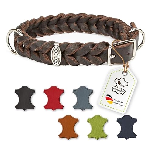 CopcoPet Fettleder-Halsband, Braun, 20mm Breite, 35 - 39cm Halsumfang, geflochten mit Dornschließe, geflochtenes Hundehalsband, Handarbeit aus Deutschland, hochwertiges Rindsleder