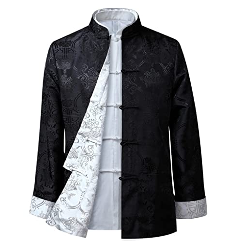 QPZK Kung Fu Jacke Beidseitig tragen Kleidung Herren Stickerei Tang Anzug Herren Hanfu Mantel Traditionelle chinesische Kleidung Baumwolle Leinen Tai Chi Kleidung Kampfsport Kleidung Lang Schwarz XL