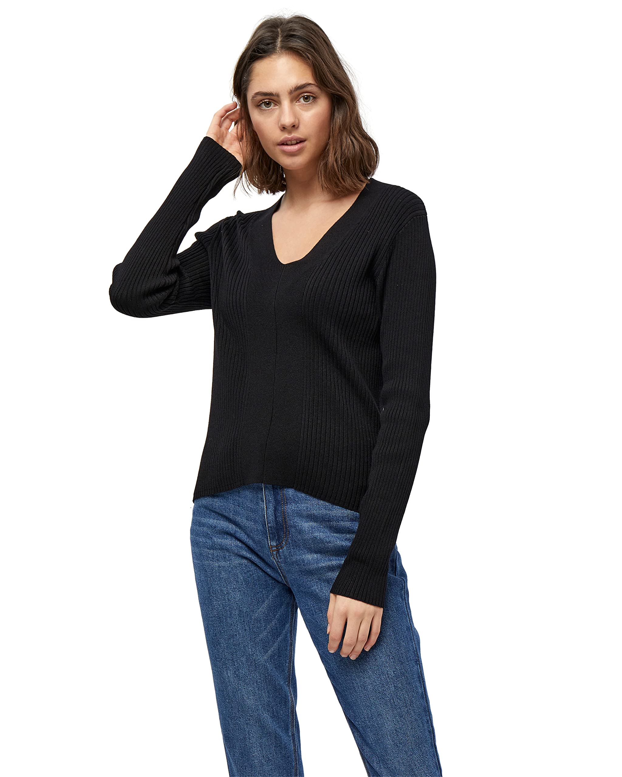 Peppercorn Tana V-Ausschnitt Lange Ärmel Rib Pullover | Pullover Damen In Schwarz | Frühling Pulli Damen | Größe Xs