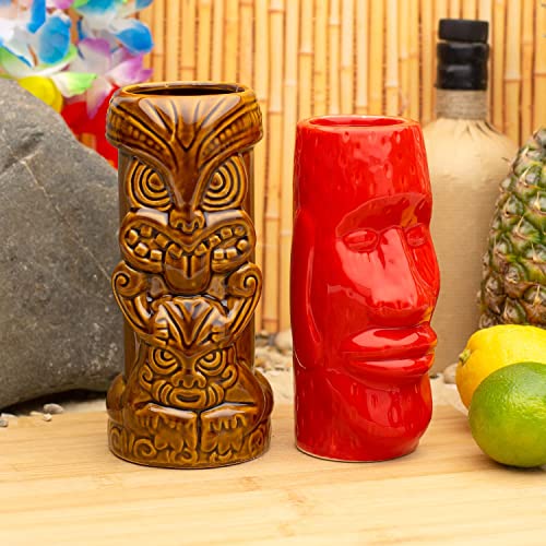 CKB LTD Tiki Keramik Becher 2er Set Farbige Gläser Tassen Große Hohe Becher Keramik Cocktailgläser Ideal für Hawaii Luau Party Becher Deko Tassen Trinkgeschirr (Braun und Rot)