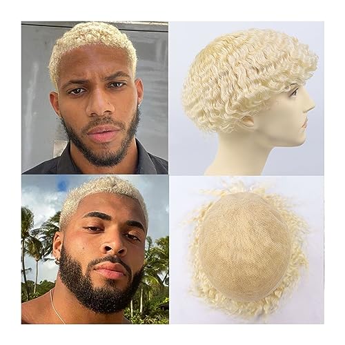 Toupet für Männer Haarersatz Systeme Afro-Toupet for verworrenes, lockiges Haar for schwarze Männer, 20,3 x 25,4 cm, Vollspitzenbasis, Echthaarsystem #613 Blond, 6 mm, lockiges Herren-Toupet, 15,2 cm