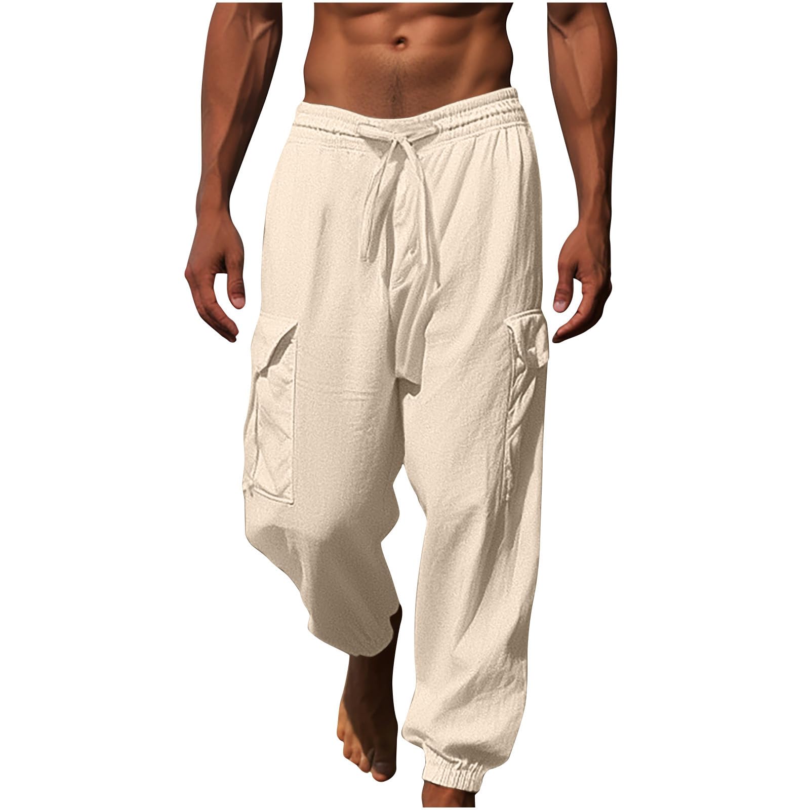 CSHE Herren-Jogginghose Leinenhose mit Langen Seitentaschen Atmungsaktive Sommer-Jogginghose Lockere Und Bequeme Haremshose Pumphose mit Weitem Bein Einfarbige Freizeithose Pants