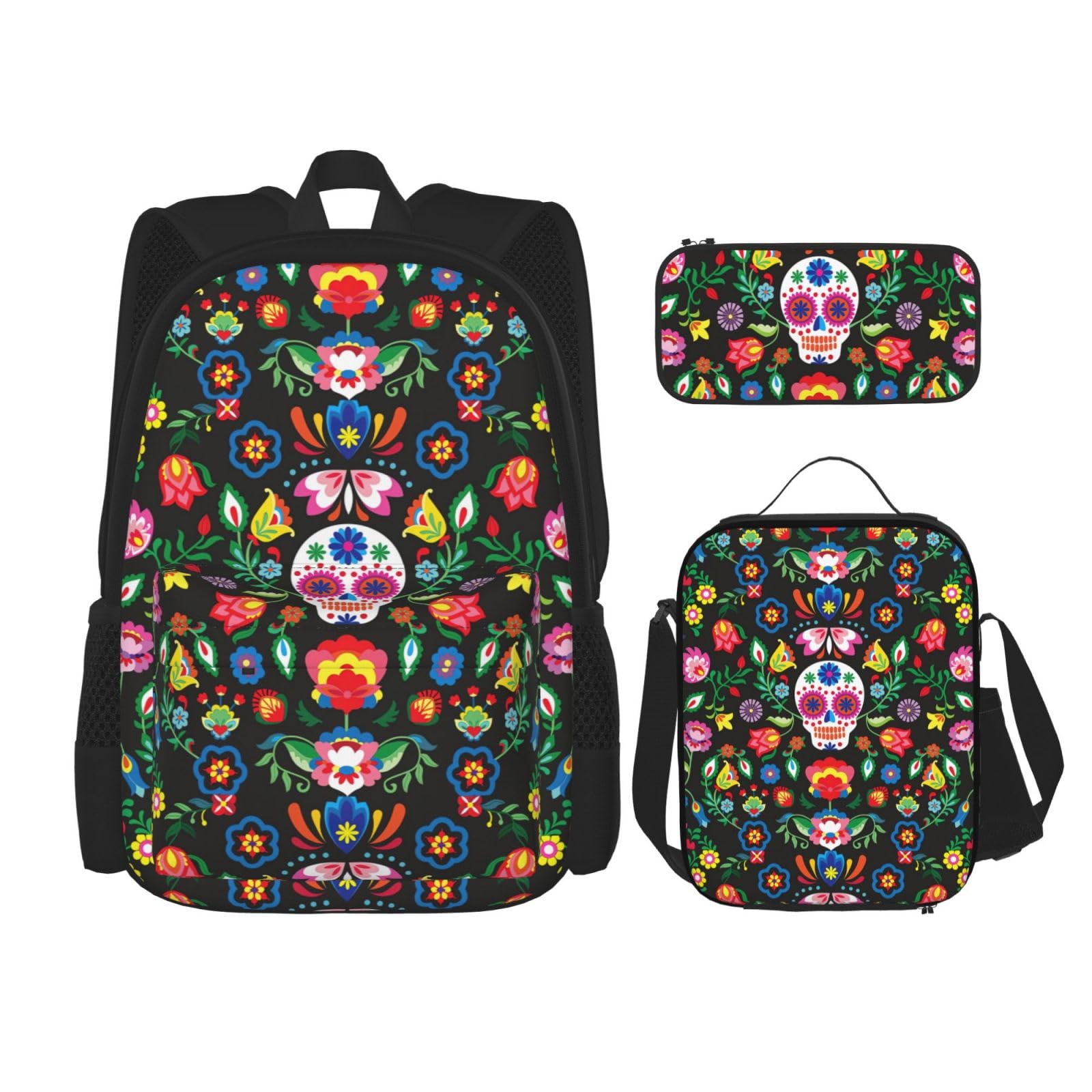 WURTON Sugar Horror Totenkopf und Blumen Druck Reise Lunchbox Federmäppchen Rucksack Set 3 Stück Verstellbare Träger Leicht, Schwarz, Einheitsgröße