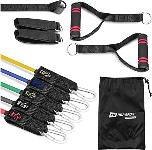 Hop-Sport Widerstandsbänder Expander HS-R050RT Fitnessbänder 11er Pack Fitnessband Stapelbar bis zu 22,7 kg, Indoor & Outdoor Workoutbänder mit Türanker & Griffen