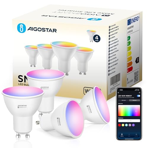 Aigostar Alexa Glühbirne GU10 SL2 Smart Lampe 4.9W WLAN Lampe LED RGBCCT 2700-6500K Dimmbare, 26 Szenenmodus, App-steuerung, Kompatibel mit Alexa/Google Home, Kein Hub notwendig, 4 Stück