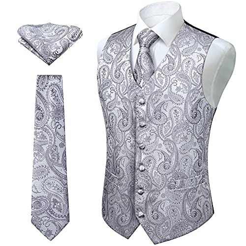 Enlision Herren Anzug-Set mit Weste und Krawatte und Tasche, Paisleymuster Gr. XXXXL, grau