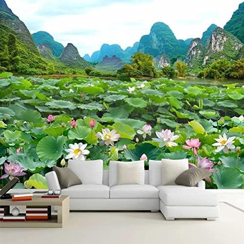 XLMING Lotus Leaf Flower Green Mountain View Restaurant 3D Tapete Home Dekoration Wohnzimmer Sofa Schlafzimmer Tv Hintergrund Wand-300cm×210cm