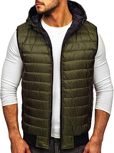 BOLF Herren Weste mit Kapuze Steppweste Bodywarmer Kapuzenweste Daunenweste Reißverschluss Weste Ärmellose Sportweste Zip Wärme Freizeit Outdoor Style J.STYLE MY88 Grün L [4D4]