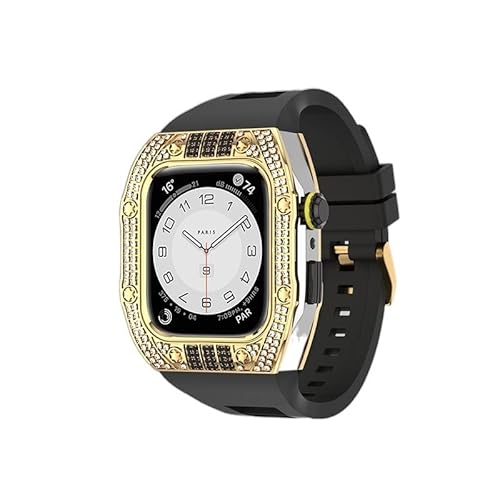 KANUZ Luxuriöses Diamantgehäuse-Modifikationsset für iWatch 8, 7, 6, SE, 5, 4, Gummiband, 44 mm, 45 mm, für Apple Watch, Metallbeze-Uhrenarmband (Farbe: Diamanten-Schwarz-SGB, Größe: 44 mm)