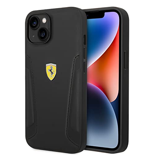 Ferrari Handyhülle für iPhone 14 Zoll Schwarz mit heißgeprägten Seiten, schützende Echtleder, langlebige & Kratzfeste Hülle mit einfachem Snap-on, Stoßdämpfung & Signatur-Logo