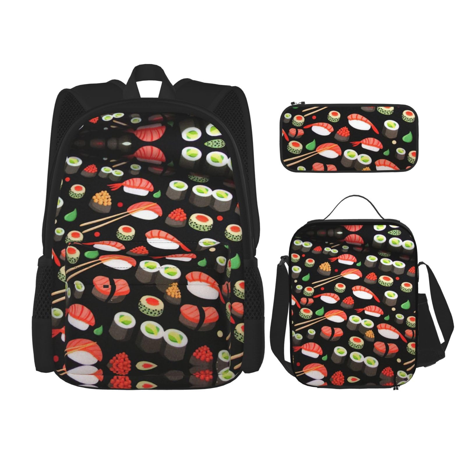 WURTON Rucksack mit japanischem Sushi-Garnelen-Druck, für Mädchen und Jungen, Schultaschen, Teenager, Lunchbox und Federmäppchen, 3-in-1-Büchertaschen-Set