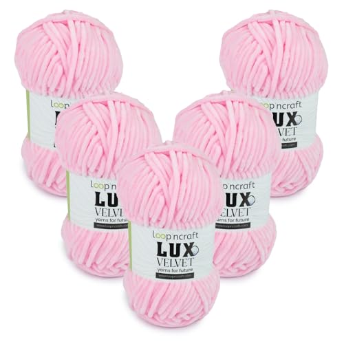 Chenille Wolle 5er-Set, Hell-Rosa, Loopncraft, 5 X 100g, Lux Velvet, Super Weiches Samtgarn