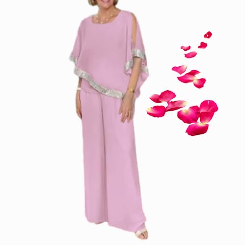 WINDEHAO Modisches und elegantes Damenoberteil und Hose, zweiteiliges Set, Hosenanzüge für die Brautmutter aus Chiffon, Pailletten-Anzüge für Hochzeitsgäste (Rosa, XL)