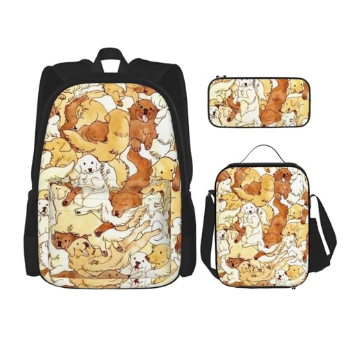 WURTON Schulrucksack-Set mit schönem Retriever-Aufdruck, 3-in-1-Büchertaschen-Set mit Lunchbox, Federmäppchen, Reise-Laptop-Tagesrucksäcke