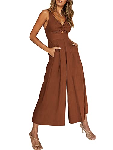 WINDEHAO V Neck Cutout High-Waist Jumpsuits Women's Summer Wide Leg Jumpsuits V Neck Sleeveless Cutout High Waist Rompers (Caramel,XXL)