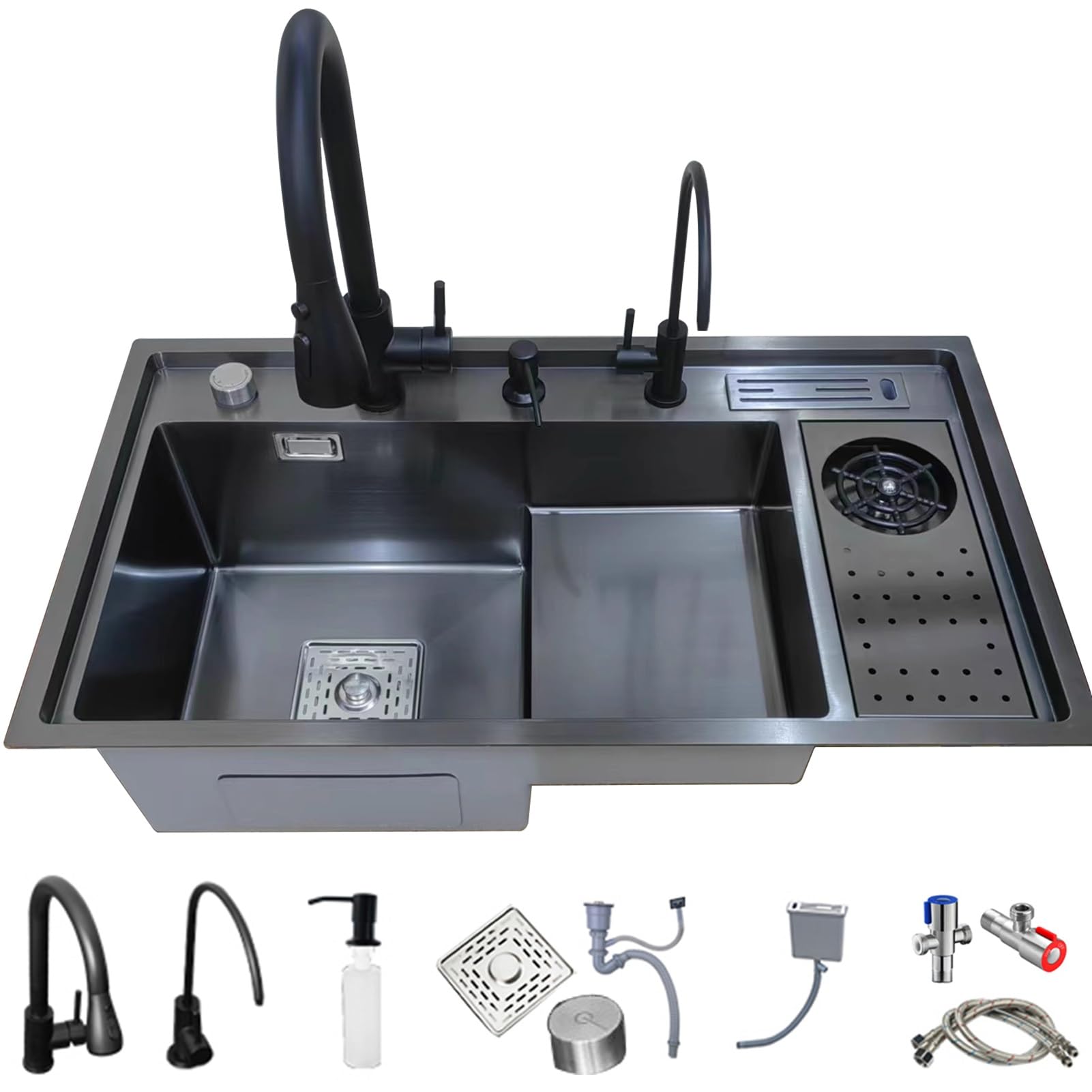 Einzelne Schüssel gestufte Küchenspüle, Bar-Spüle, 304 Edelstahl-Spüle, mit Cup Washer Küchenspülen, Drop-In oder Undermount Installation (Color : Black-Grey, S : 82x46x22cm)