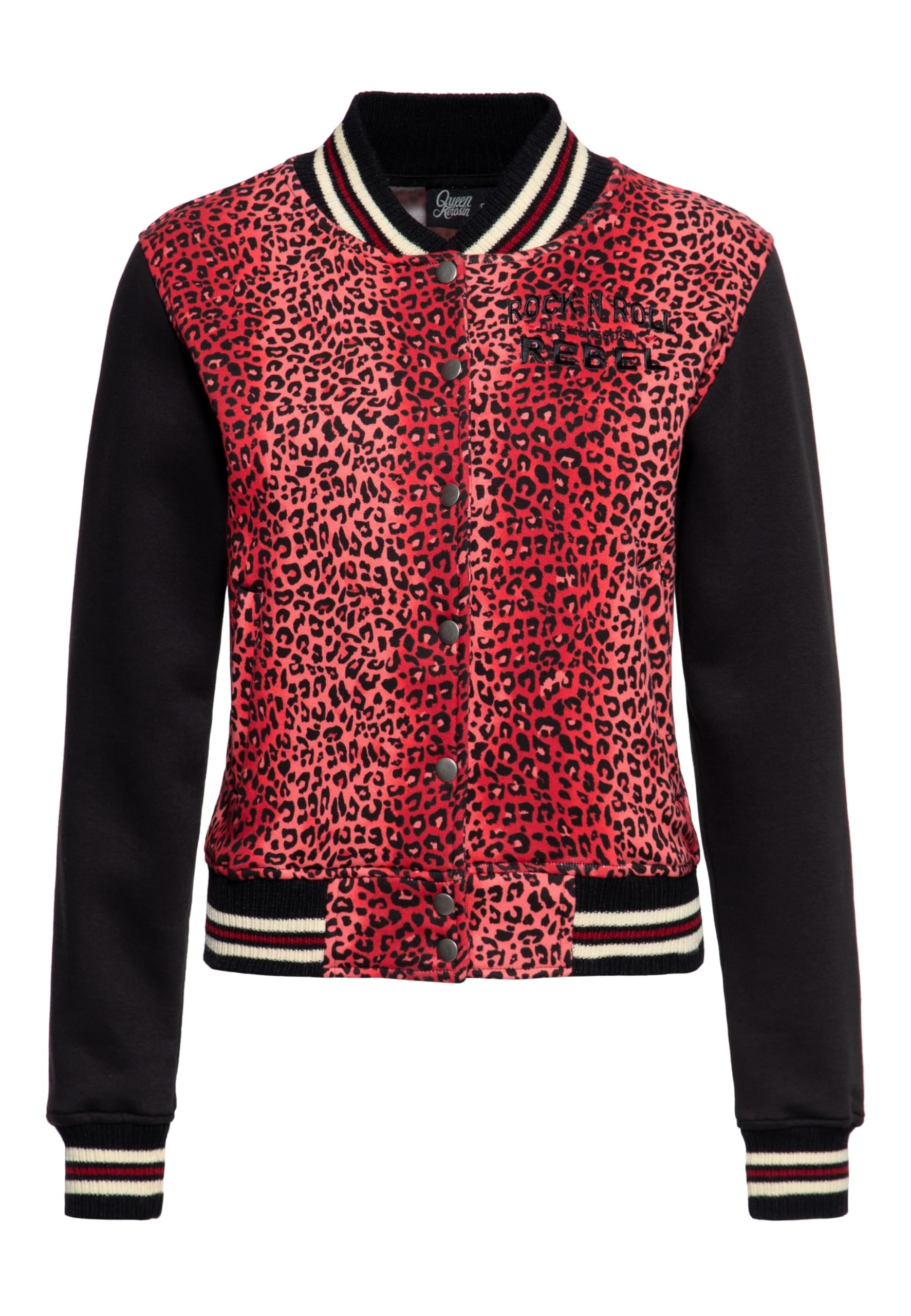 Queen Kerosin Damen College Jacke | Sweatjacke | Baseball Jacke | Regular Fit | Leo | Leoparden Optik Rock 'N' Roll Rebel Queen