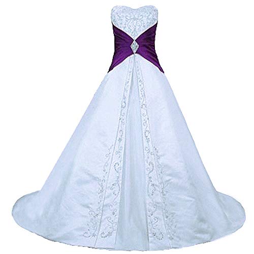 Zorayi Damen Elegante A-Linie Schnürung Stickerei Satin Brautkleid Hochzeitskleider Weiß & Lila Größe 42