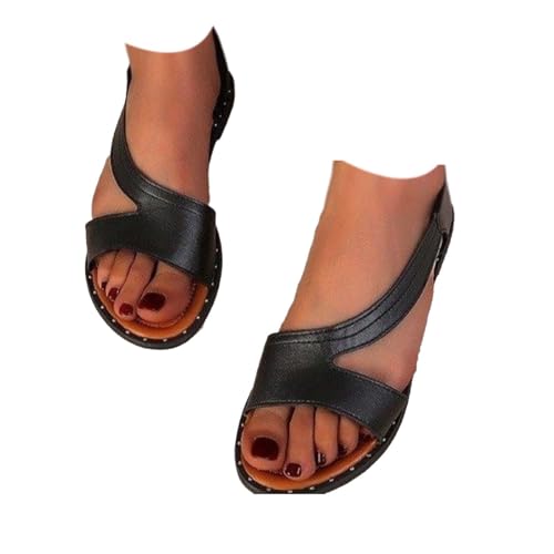 Flache Sandalen mit Fischmund, Nieten, offene Zehen, römische Fischmaul, flache Sandalen, fußunterstützend, modisch, flache Sandale, weite Passform, orthopädische Sandalen, Schwarz , 40 EU