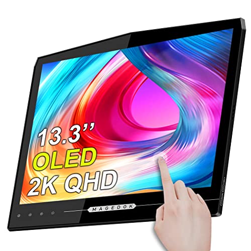 OLED Portable Monitor 2k - Magedok 13.3 Zoll Portable Monitor Touchscreen, USB C Portable Monitor,54000:1, Freesync UHD IPS,100% DCI-P3 1ms Tragbarer Monitor für Laptop,Smartphone,Game Consoles, etc