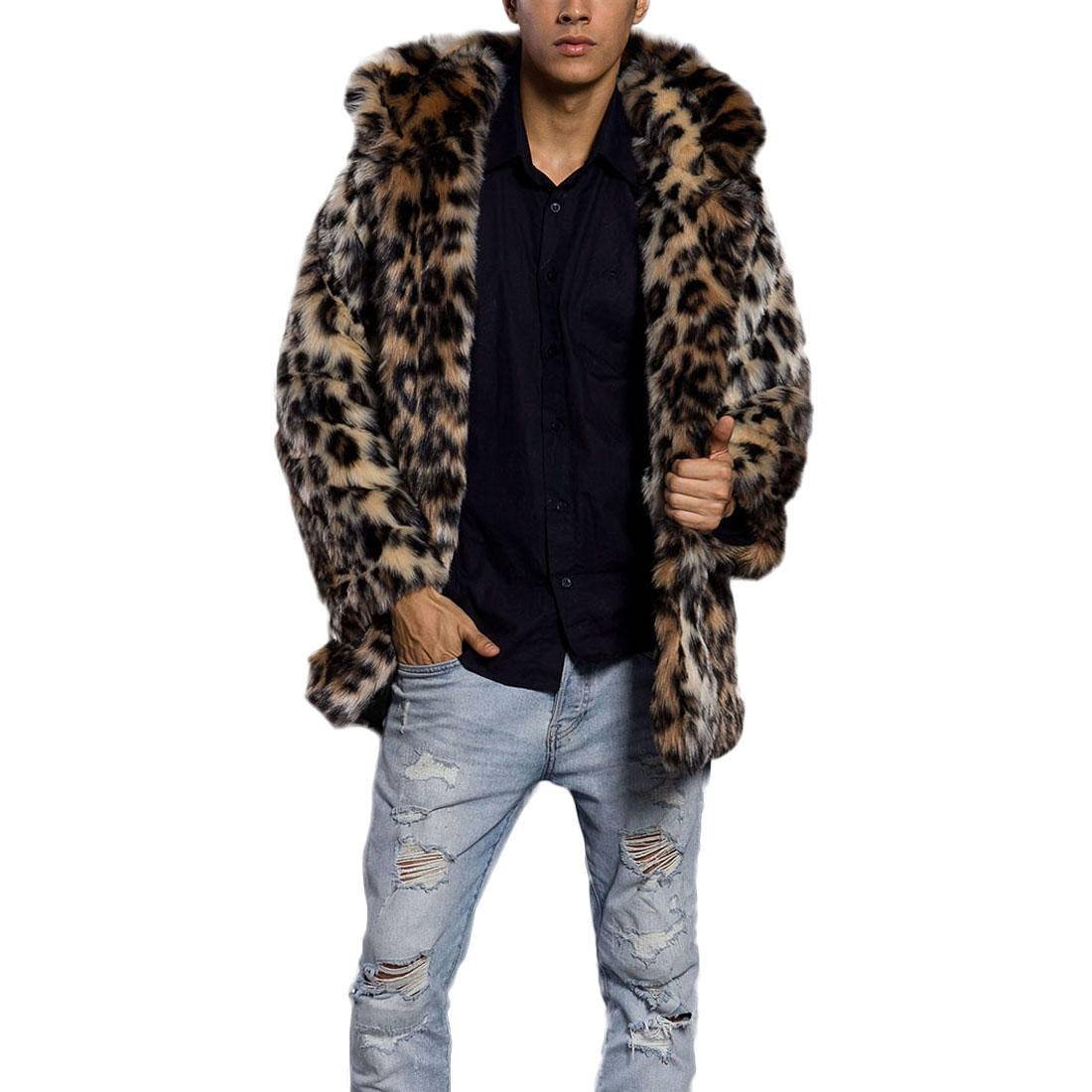 AKAUFENG Pelzmantel Mit Kapuze Kunst Felljacke Herren Leopard Muster Design Wind Coat Winterjacke Mantel Kunstpelz