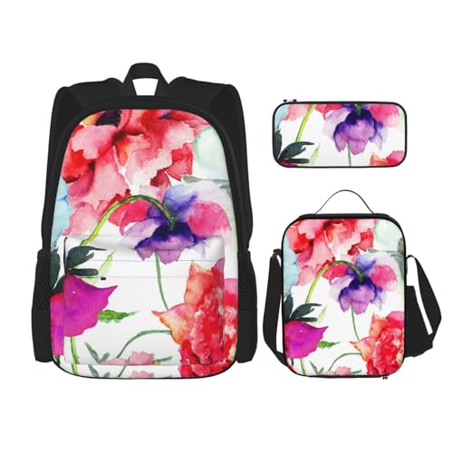 DENMER Mehrzweck-Schulranzen mit Flamingos, mit passendem Federmäppchen und Lunchtasche, stilvolle All-in-One-Lösung, Bunte Blume Pfingstrose, Einheitsgröße