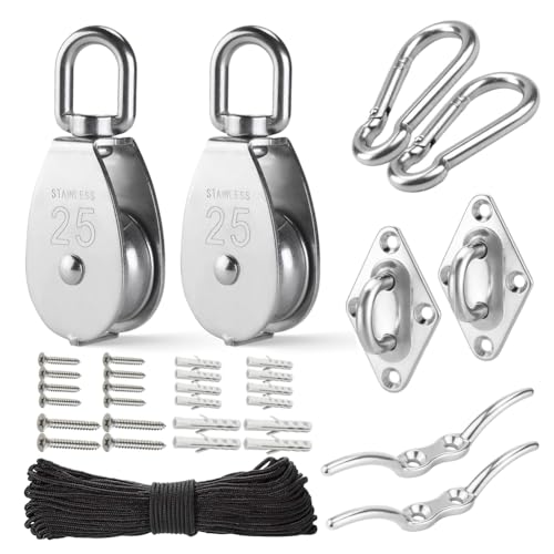 Kiudduy M25-Edelstahl-Riemenscheibensystem-Set – Robustes Riemenscheibenrad, Flaschenzug mit Nylonseil 4 Mm, Haken, Langlebige Platte, Einfach zu Bedienen (2er-Pack)