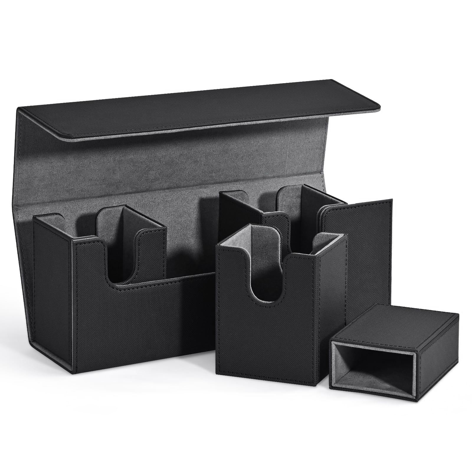 Pcivzxam Kartenaufbewahrungsbox, Kartendeck-Aufbewahrungsbox mit Würfelfach, 4-In-1-Kartendeck-Hülle für Mehr Als 300 Karten, Magnetischer Karten-Organizer, Schwarz