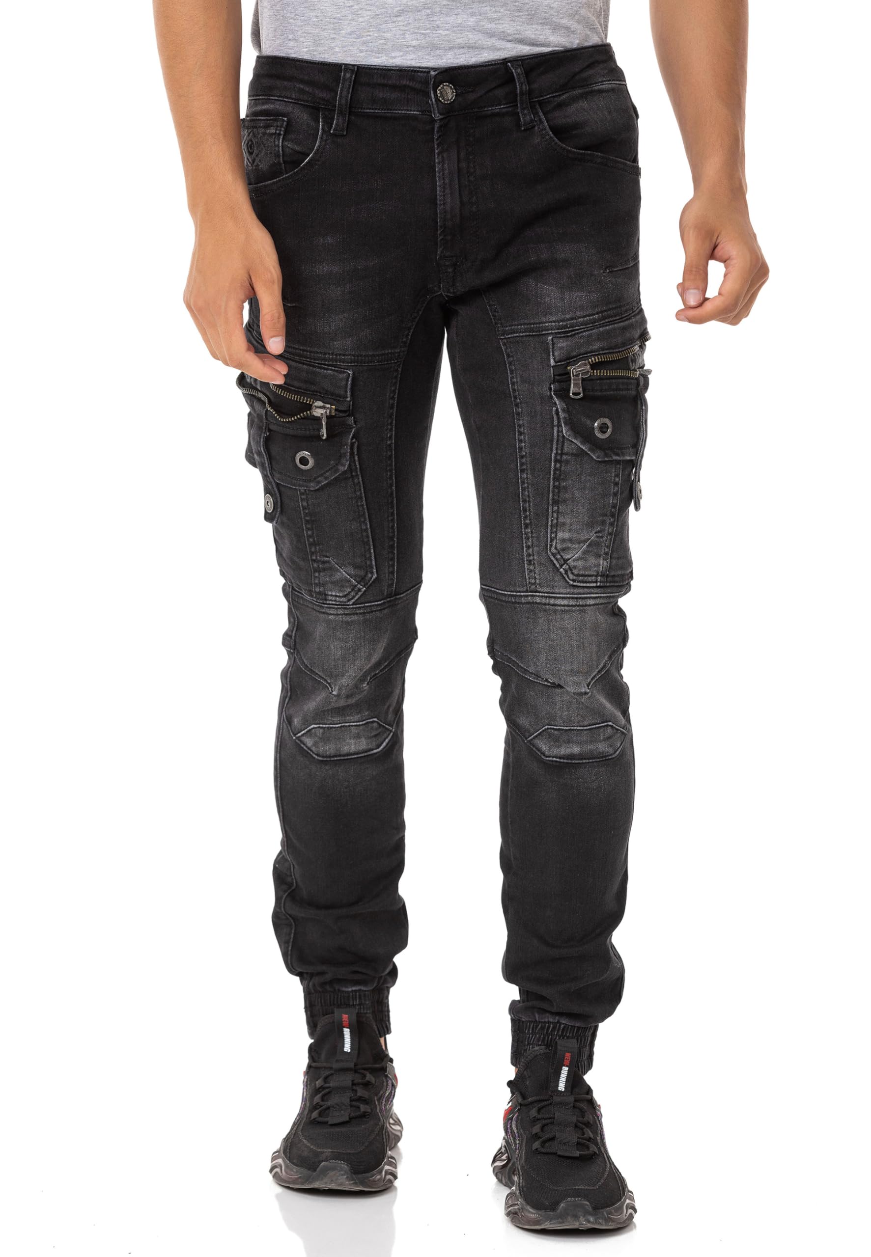 Cipo & Baxx Herren Jeanshose Cargotaschen Freizeithose Denim Reißverschluss Baumwolle Hose CD845 Schwarz W38 L34