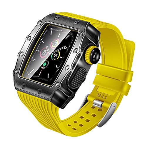 TONECY Luxuriöses Metallgehäuse für Apple Watch Serie 8, 41 mm, 45 mm, Gummi-Gürtelarmband, Modifikationsset für iWatch 8, 7, 6, 5, 4, SE, 40 mm, 44 mm (Farbe: Gelb, Größe: 45 mm)