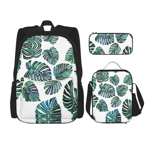 WURTON Schulrucksack-Set mit Bananenblättern, 3-in-1-Büchertaschen-Set mit Lunchbox, Federmäppchen, Reise-Laptop-Tagesrucksäcke