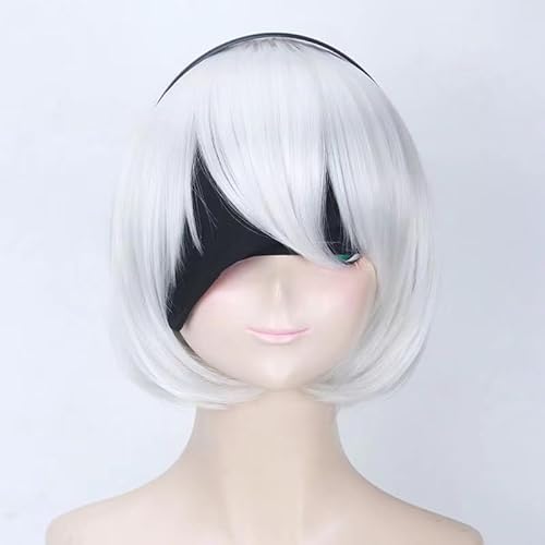 WCCNKK Nier Automata Yorha No.2 Type B Cosplay Perücke, Silbrig-Weißes Kurzes Haar, Mit Kostenloser Perückenkappe,Halloween Kostüm Perücke, Für Party Karneval Weihnachten, Dekoratives Geschenk