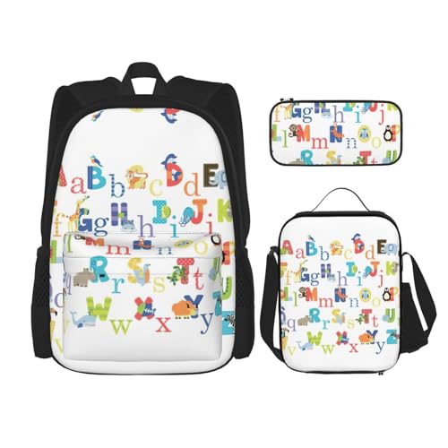 WURTON Rucksack mit Tier-Alphabet-Aufdruck, für Mädchen und Jungen, Schultaschen, Teenager, Lunchbox und Federmäppchen, 3-in-1-Büchertaschen-Set