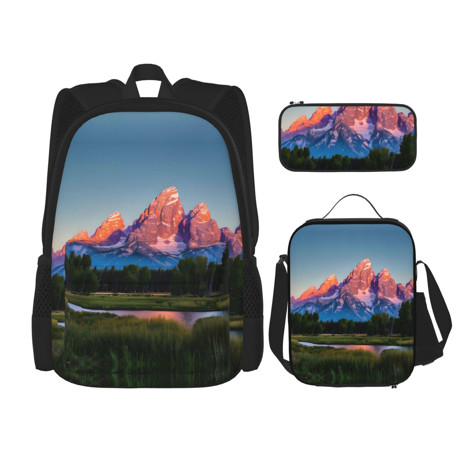 YQxwJL 3-in-1-Rucksack-Büchertaschen-Set, violetter Pfauenmuster, lässiger Reiserucksack, mit Federmäppchen, Lunchtasche, Grand Teton National Park, Einheitsgröße