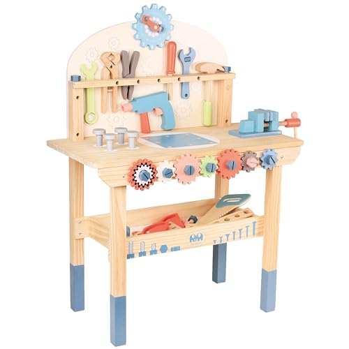 4iQ Group Werkbank Kinder ab 3 Jahre - Kinder Werkzeugbank mit Holzwerkzeug und Zubehör - 59,5 x 29,7 x 79,5 cm