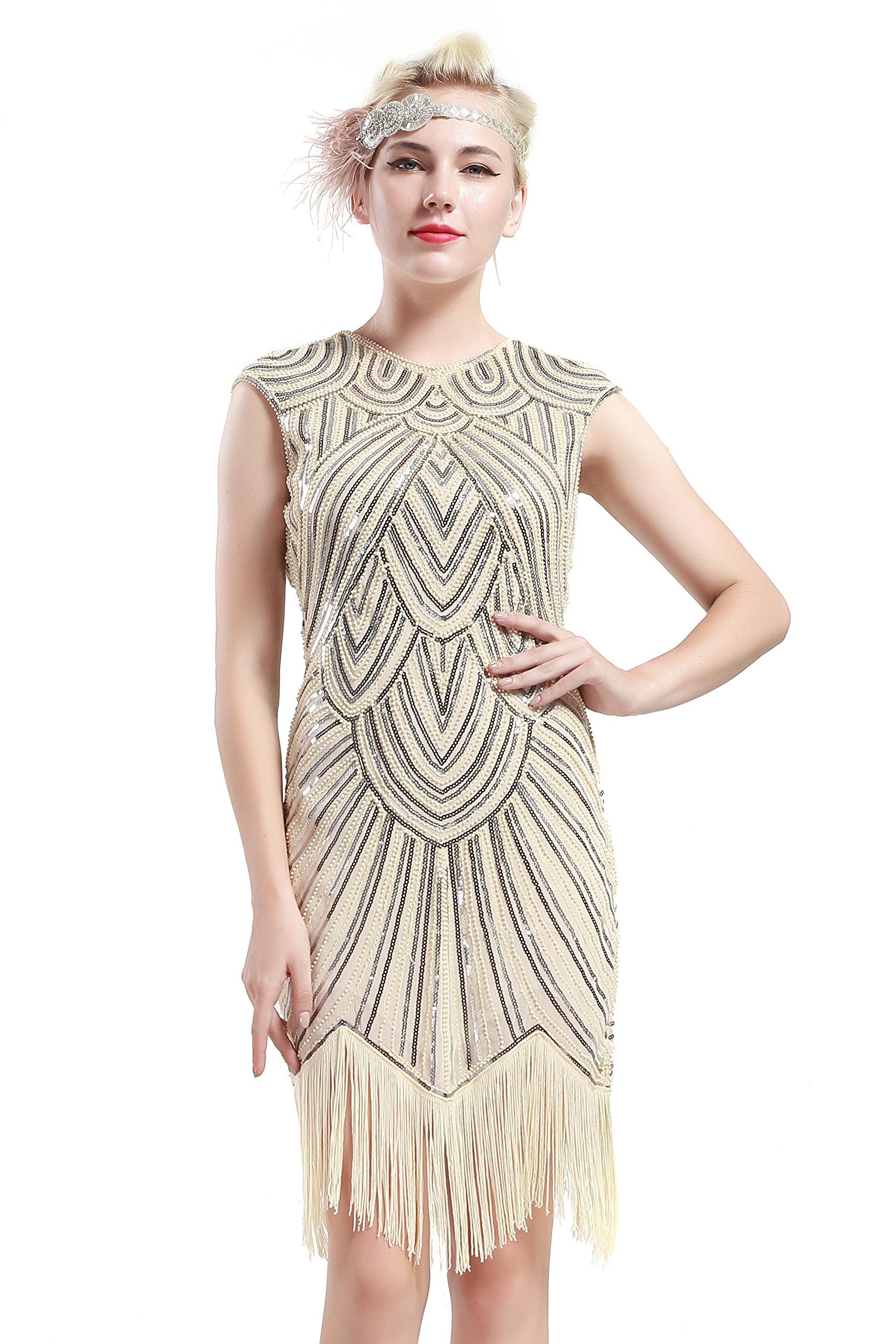 BABEYOND Damen Kleid voller Pailletten 20er Stil Runder Ausschnitt Inspiriert von Great Gatsby Kostüm Kleid (M (Fits 72-82 cm Waist & 90-100 cm Hips), Beige)