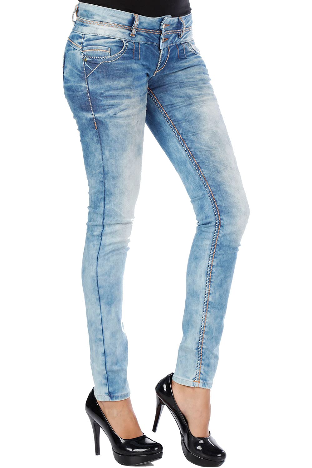 Cipo & Baxx Damen Jeanshose Denim Slim Fit Used Straight Casual Pants Women Hose CBW-0347A Hellblau W31 L34