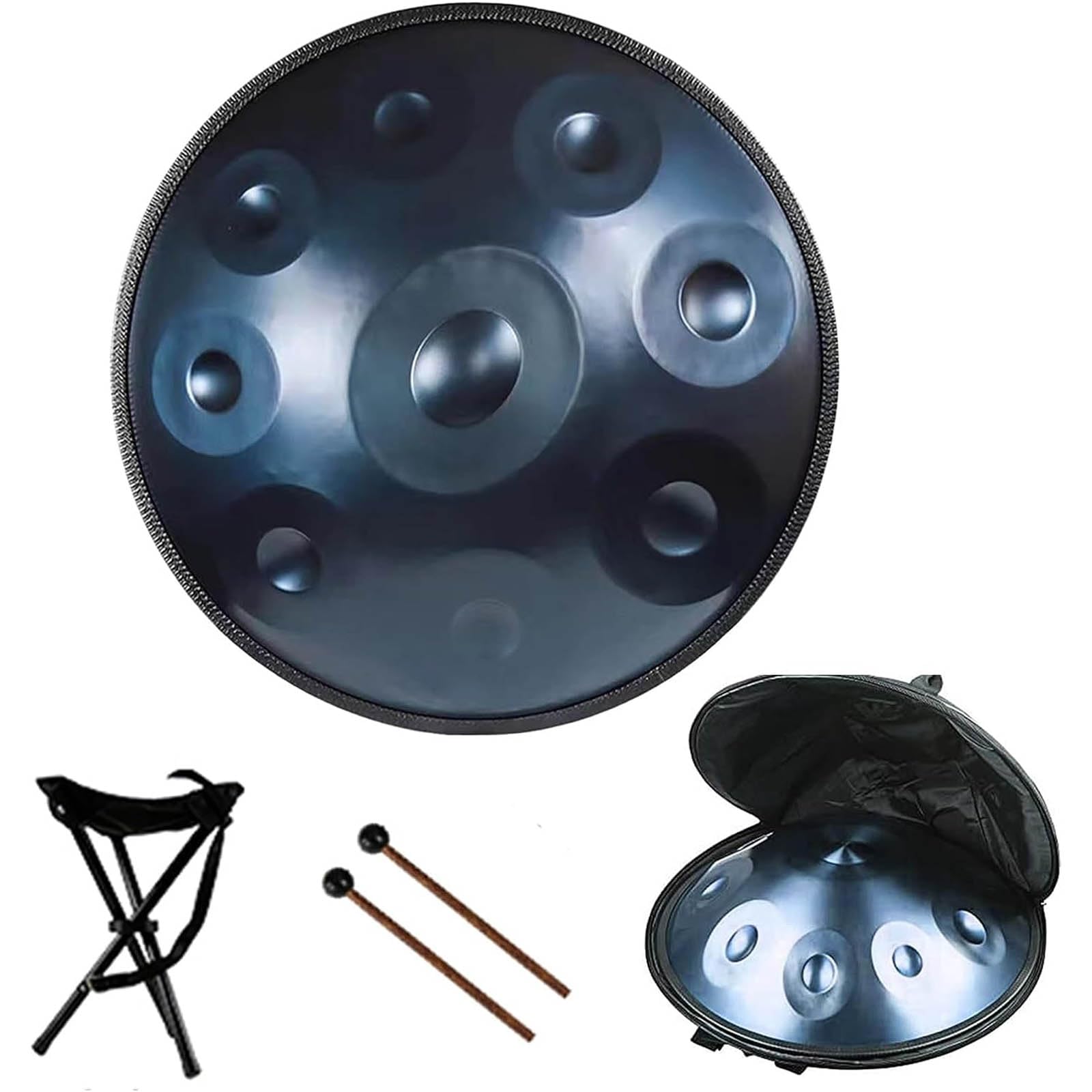 Handpan-Trommelinstrument in d-Moll, 9/10/12 Töne, 440Hz Handtrommel mit weicher Handpan-Tasche, 2 Handpfannenhämmer, Handpan-Ständer, Staubfreies Tuch,Blau,9 Notes