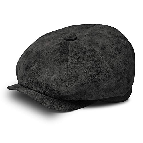 fiebig 8-Panel Pigskin Flatcap für Herren & Damen | Schiebermütze aus Leder | Schirmmütze mit Innenfutter | Lederkappe für das ganze Jahr | Ballonmütze mit Schirm (61-XL, schwarz)