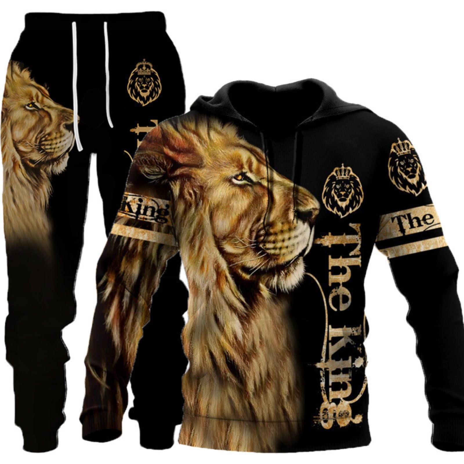 RIAAJ Löwe Tiger Streatwear Trainingsanzüge,Herren 3D Wolf Jogginganzug Kapuzenpullover 2 set Trainingsanzug Sportanzug (lion1,L)