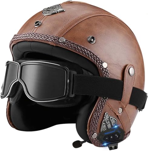 Offener Helm, Motorradhelm, Integrierter Bluetooth-Motorrad-Halbhelm, Retro-Vintage-Motor-Jet-Helm Mit Sonnenblende, Für Männer, Frauen, Erwachsene, DOT/ECE-Geprüft B,L59-60cm