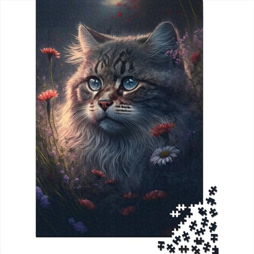 500 Puzzles für Erwachsene, 500 Teile, Katze in Blumen, Holzpuzzles, Puzzles für Erwachsene und Teenager, tolle Geschenke für die ganze Familie (Größe 52 x 37 cm)