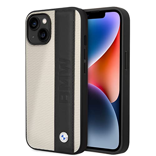 CG MOBILE BMW Handyhülle für iPhone 14 Plus Signature Collection in Beige strukturierte Hülle, echtes Leder, schützende und langlebige Hülle mit einfachem Snap-on, Stoßdämpfung und Signatur-Logo