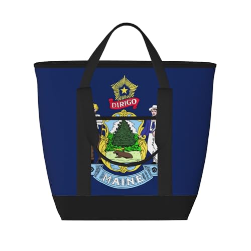 YQxwJL Tragetasche mit Maine State Flagge, großes Fassungsvermögen, isolierte Lunchtasche, wiederverwendbare Einkaufstasche mit Reißverschluss für Damen und Herren