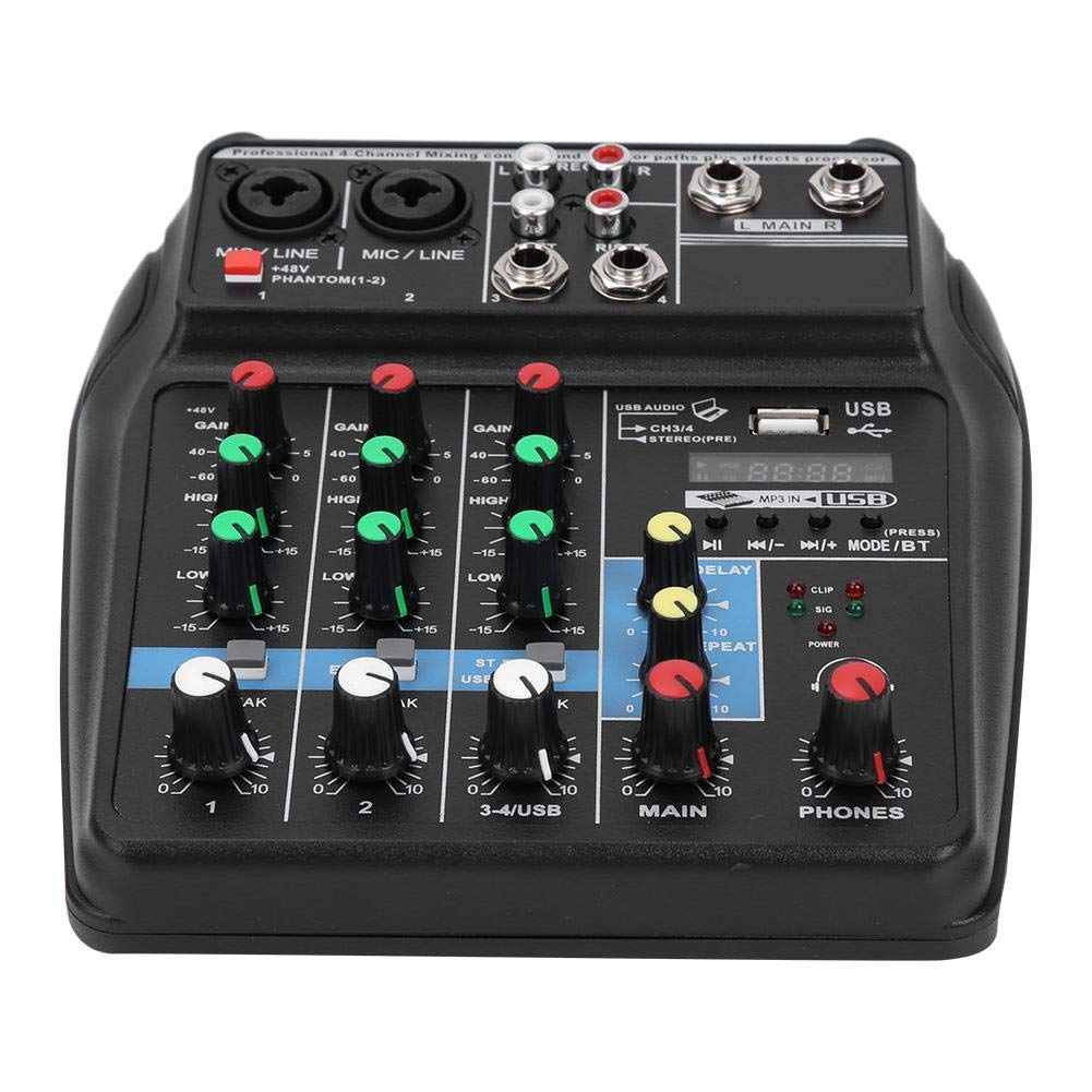 Professioneller 4-Kanal-Audiomixer Stereo-Soundboard-Konsolensystem mit Eingangsverstärkung Höhen-Bass-Anpassungsfunktionen 3-Band-Kanalentzerrung für Musikproduktion, Webcast, K-Song(US-Stecker)
