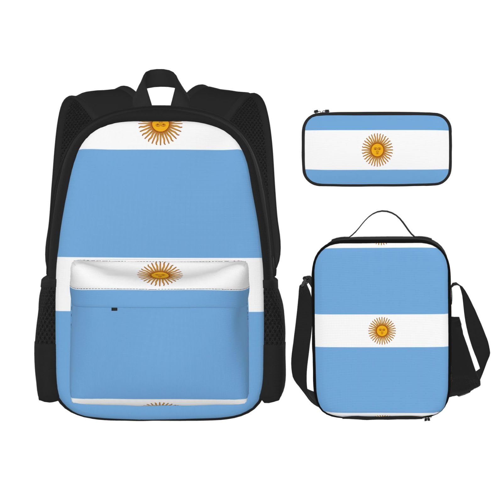 WURTON Argentinische Flagge, 3-in-1-Sets, lässig, verstellbar, Schulter-Rucksack, Lunch-Tasche, Federmäppchen, Beutel, Schwarz, Einheitsgröße