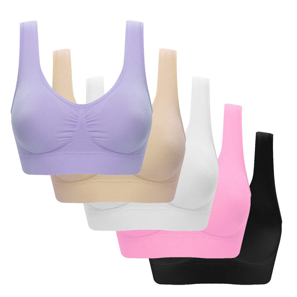 CSHE 3/5er Pack Sport Top Damen Licht BH Ohne Bügel Gepolstert Der Bequemste BH Der Welt Backless Tank Top BH für Tiefen Rückenausschnitt Tanktop Tops für Mädchen Weiß, Beige, Lila, Rosa, Schwarz L