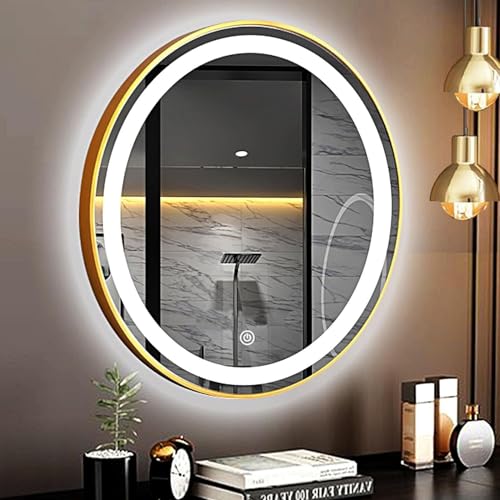 LED-Badezimmerspiegel, runder Badezimmerspiegel mit Licht, beleuchteter Kosmetikspiegel zur Wandmontage, 3 Farben, Memory-Funktion, Gold, Schwarz, Schwarz, 60 cm