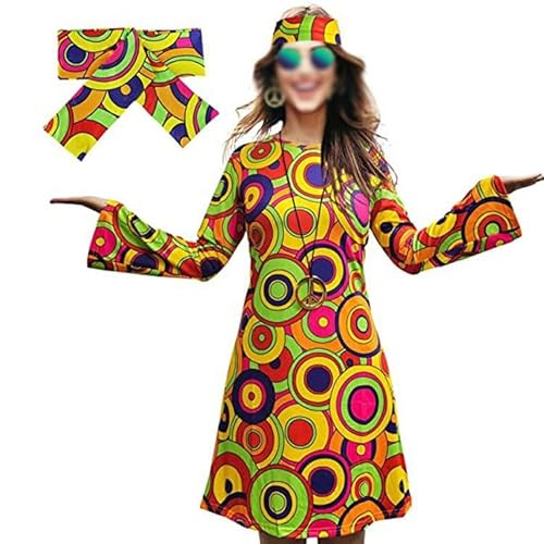 letaofang Damen-Hippie-Kleid, 1970er-Kostüm, mit Halskette, Ohrringen, Sonnenbrille, Disco-Outfit, 1960er-Party-Kostüm, Halloween Retro-Kleid